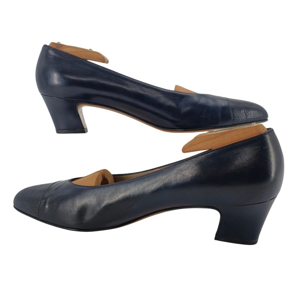 Vintage Salvatore Ferragamo Womens 9AA Navy Leather Reptile Embossed Dress Pumps - Picture 5 of 9